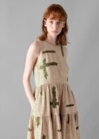 Leaf Embroidered Stripe Poplin Dress | Garden Leaf