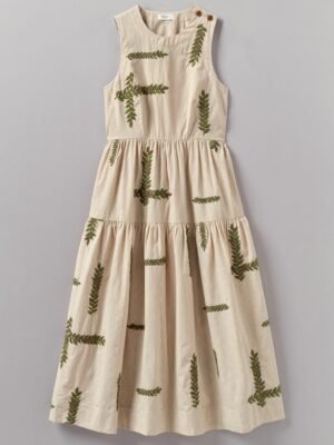 Leaf Embroidered Stripe Poplin Dress | Garden Leaf